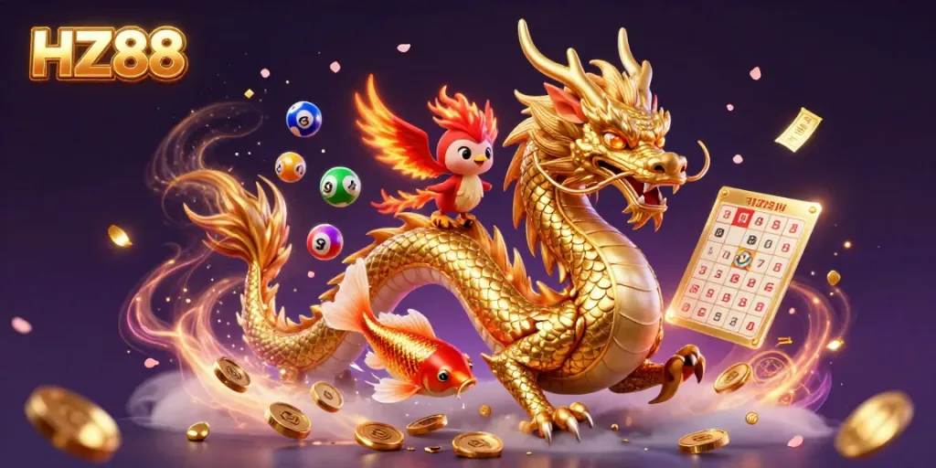 Engage with the vibrant world of HZ88, where a golden dragon coils amidst colorful lottery elements and magical energy.