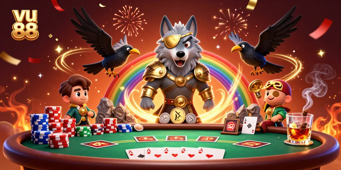 Bet on excitement with vu 88, featuring an epic scene with Odin and ravens amidst casino elements.