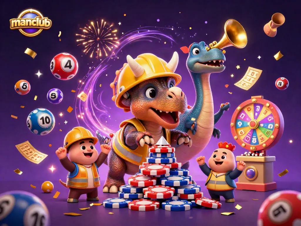 Engage with manclub's fun casino activities featuring animated characters celebrating with poker chips and games.