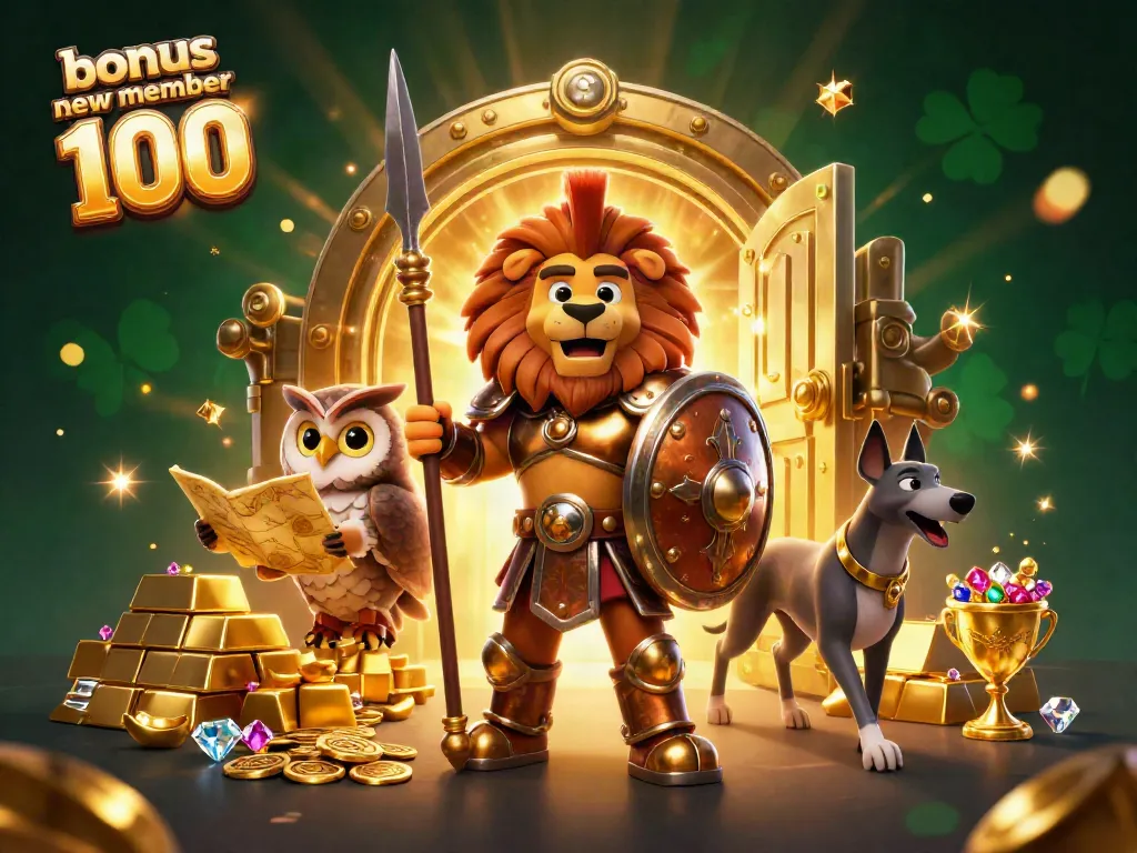 Engage with the bonus new member 100 promotion in a vibrant casino scene featuring a Spartan lion, owl strategist, and greyhound messenger.