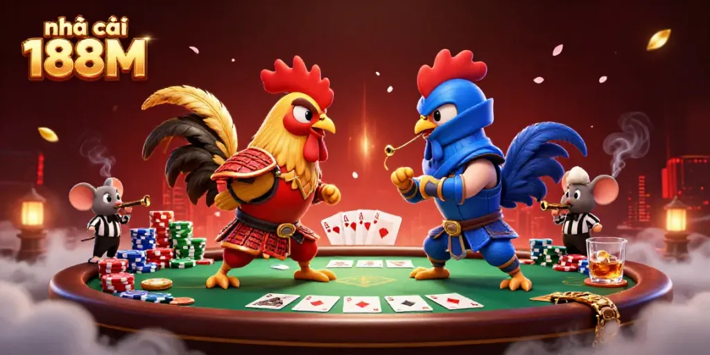 Experience the excitement of nhà cái 188M with cartoon fighting roosters and vibrant casino elements.