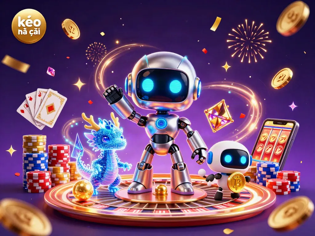 Engage with kèo nhà cái insights through a vibrant 3D casino scene featuring robots and crypto.
