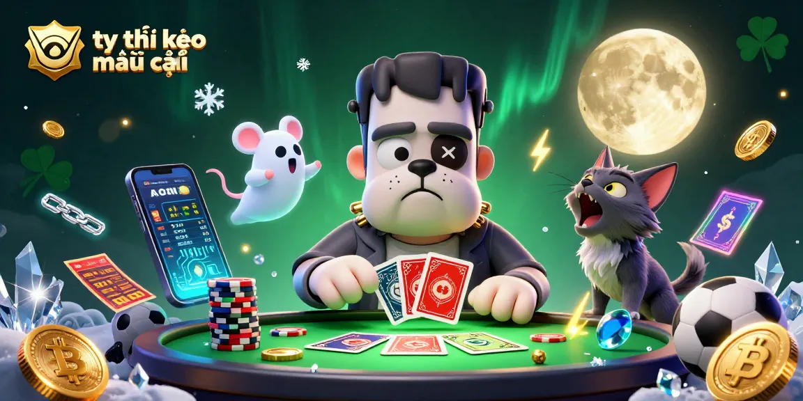 Engaging scene with tỷ lệ kèo nhà cái featuring a lively Frankenstein bulldog dealing cards amidst sports betting elements.