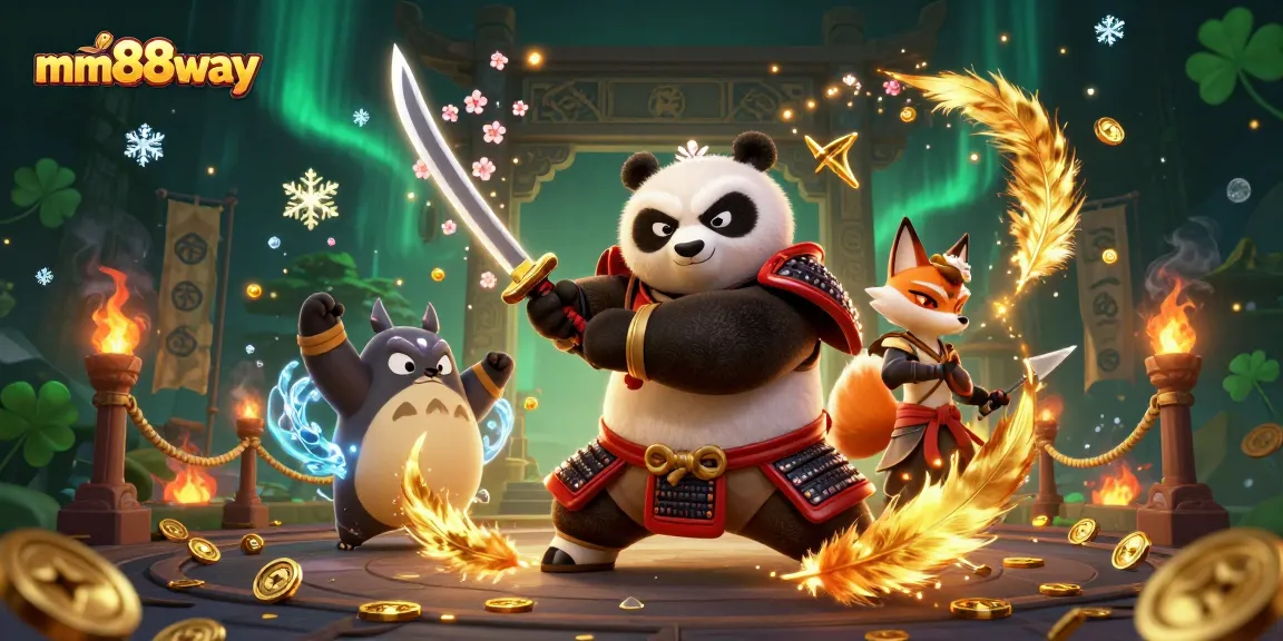 Experience thrilling lottery excitement with mm88way as the samurai panda battle for wins amidst vibrant casino elements.