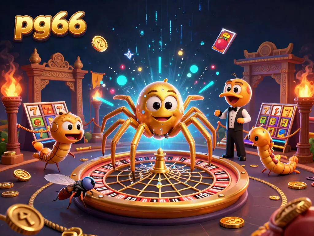 Spin the roulette wheel with pg66; a golden spider and animated characters in 3D illustration.