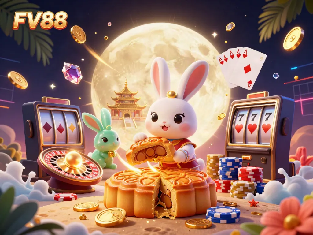 Experience the excitement of FV88 casino with a 3D moon rabbit cracking open mooncakes to reveal poker chips amidst gold coins.