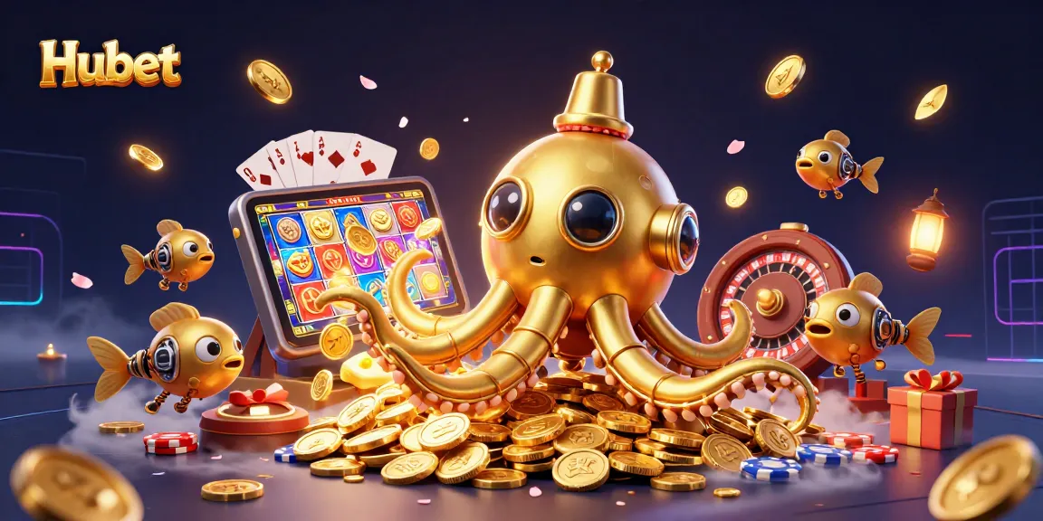 Hubet promotes thrilling gaming with a 3D golden kraken submarine amidst coins and dynamic casino elements.