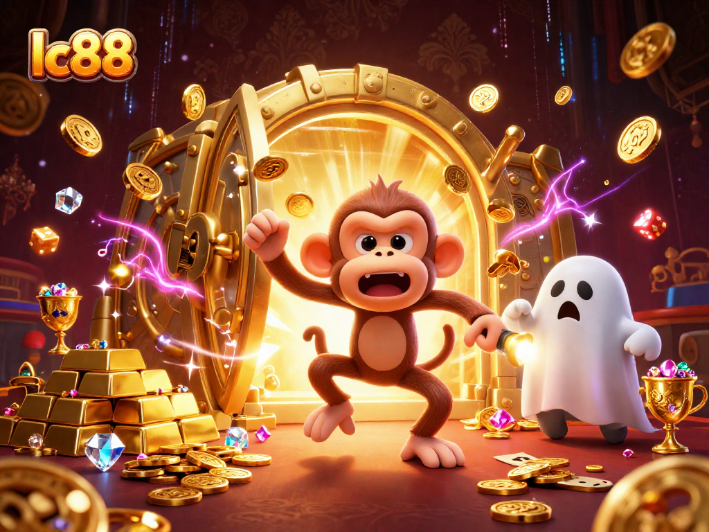 Experience thrilling games and giant prizes at lc88, where a playful ghost-monkey and puppy meet in a haunted casino.
