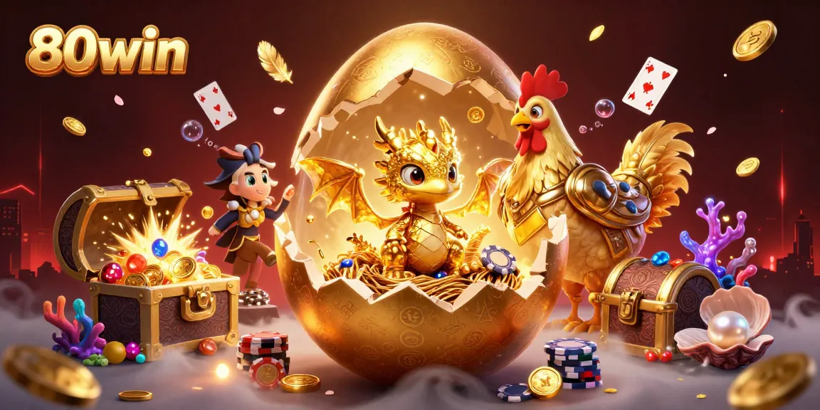 80win features a stunning golden dragon and poker chips with a treasure chest exploding coins, enhancing online casino excitement.