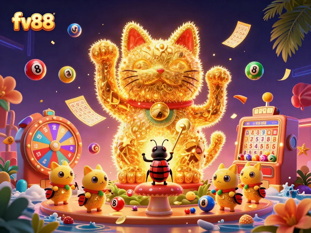 Experience the vibrant world of fv88 with a golden lucky cat and dynamic casino elements in a magical setting.