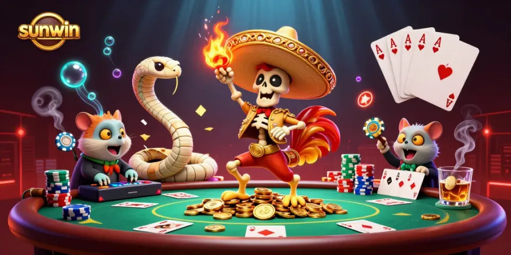 Experience the excitement at sunwin with a dynamic casino scene featuring animated characters and vibrant game elements.