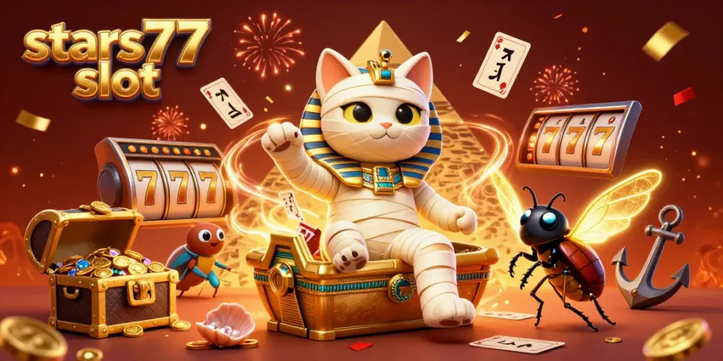 Jelajahi slot menarik dengan stars77 slot dalam ilustrasi kasino yang penuh warna dan dinamis.