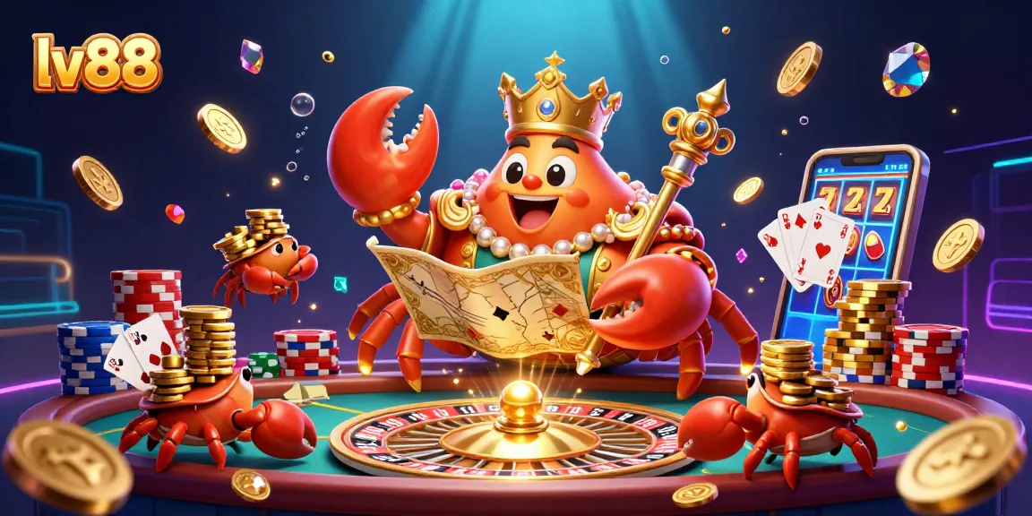 Spin the winning reels at lv88 with a golden crab emperor amid casino treasures and vibrant colors.