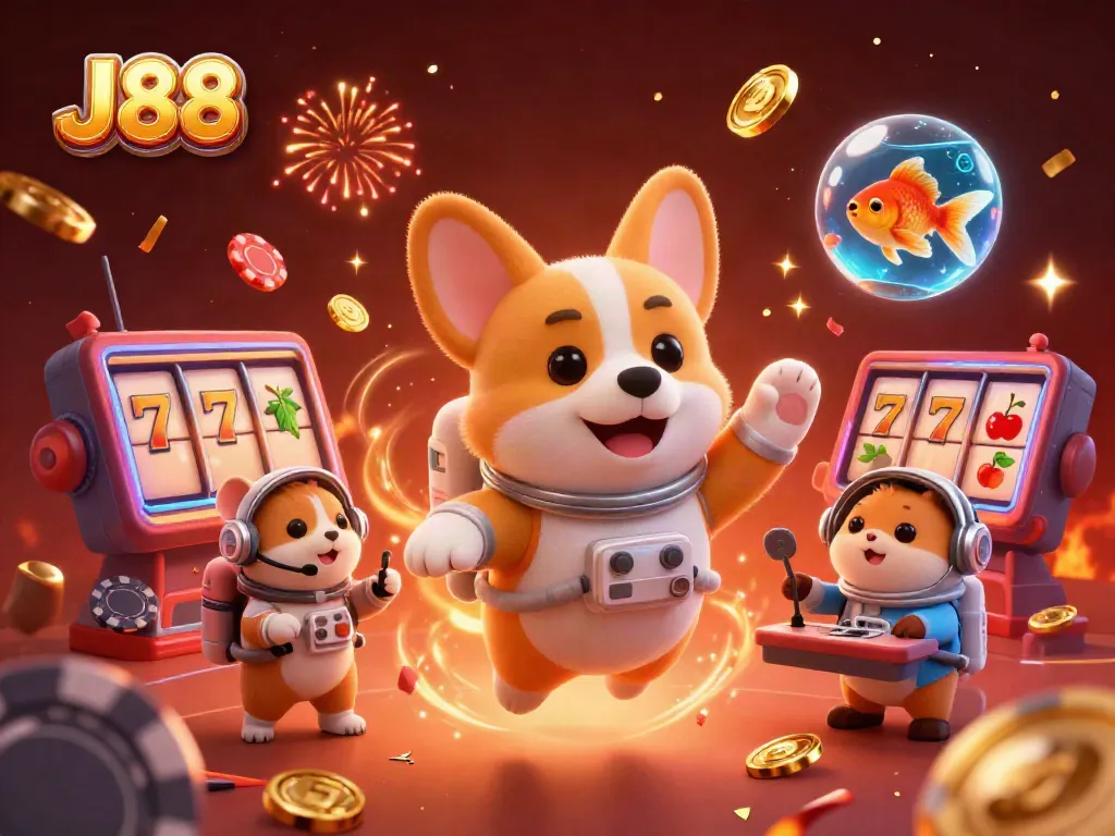 Engage with J88's thrilling space casino experience featuring a floating astronaut corgi, vibrant slot machines, and festive energy.