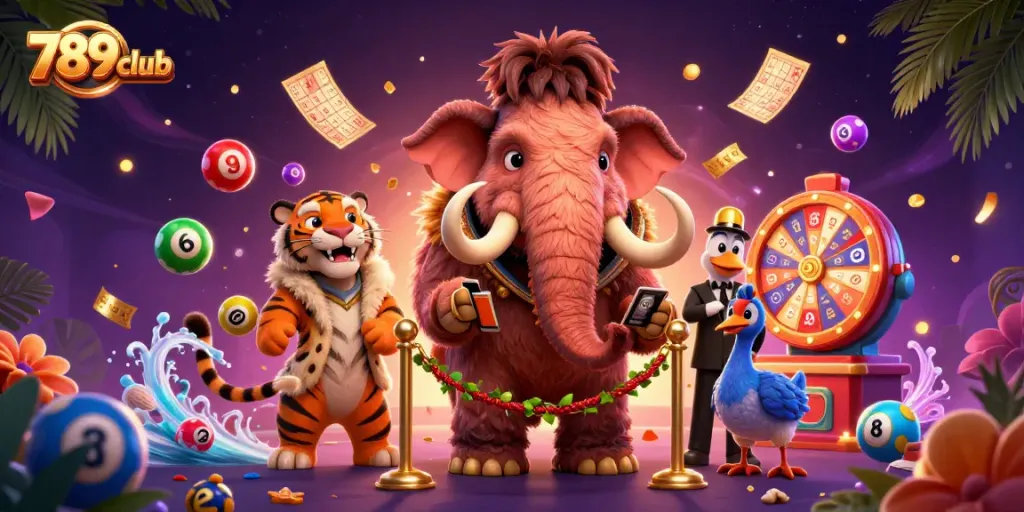 Engage with the thrilling atmosphere of 789club's casino world, featuring cartoon characters and vibrant game elements.