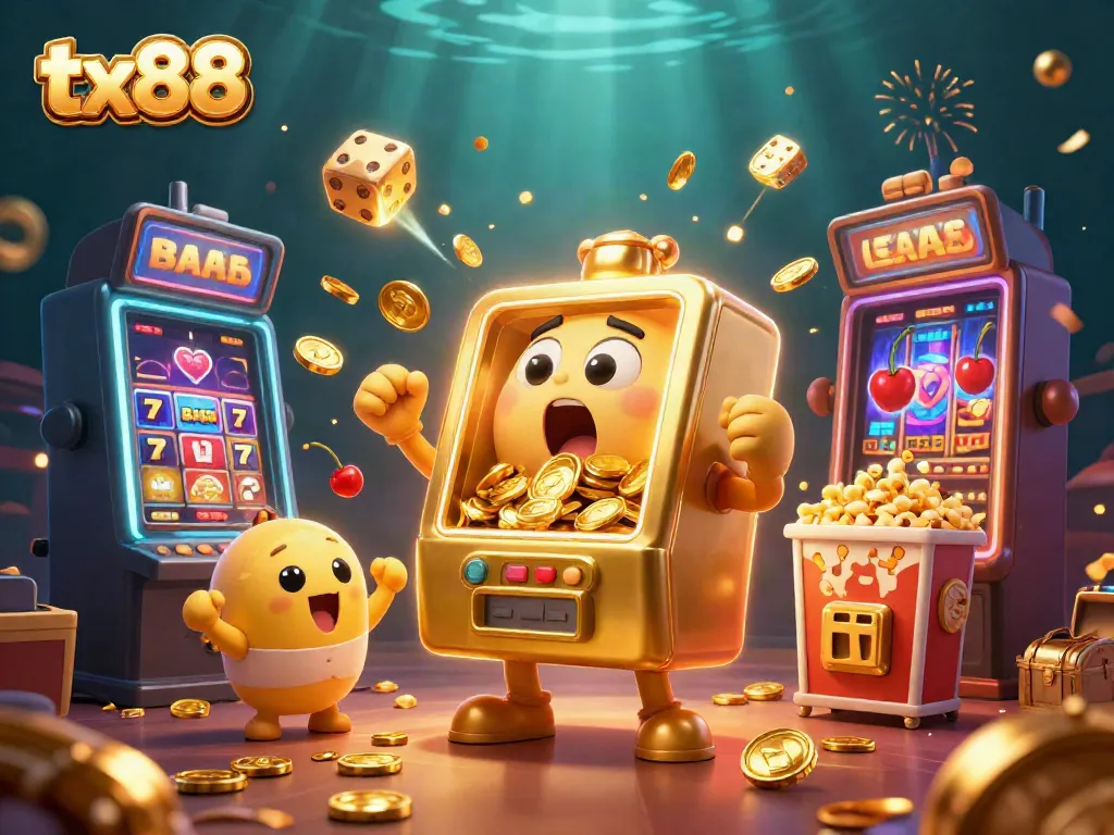 Experience the excitement at tx88 with dynamic jackpot celebrations and colorful casino elements in a vibrant 3D scene.