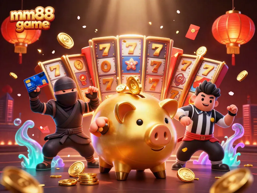 Engaging 3D illustration showcasing mm88 game dynamic action with characters amidst vibrant casino elements.