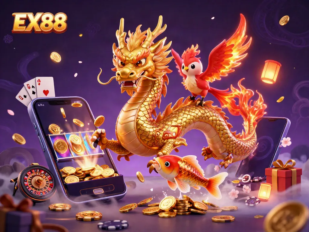 Experience the excitement of EX88 with a dragon, phoenix, and koi amidst a vibrant casino scene.