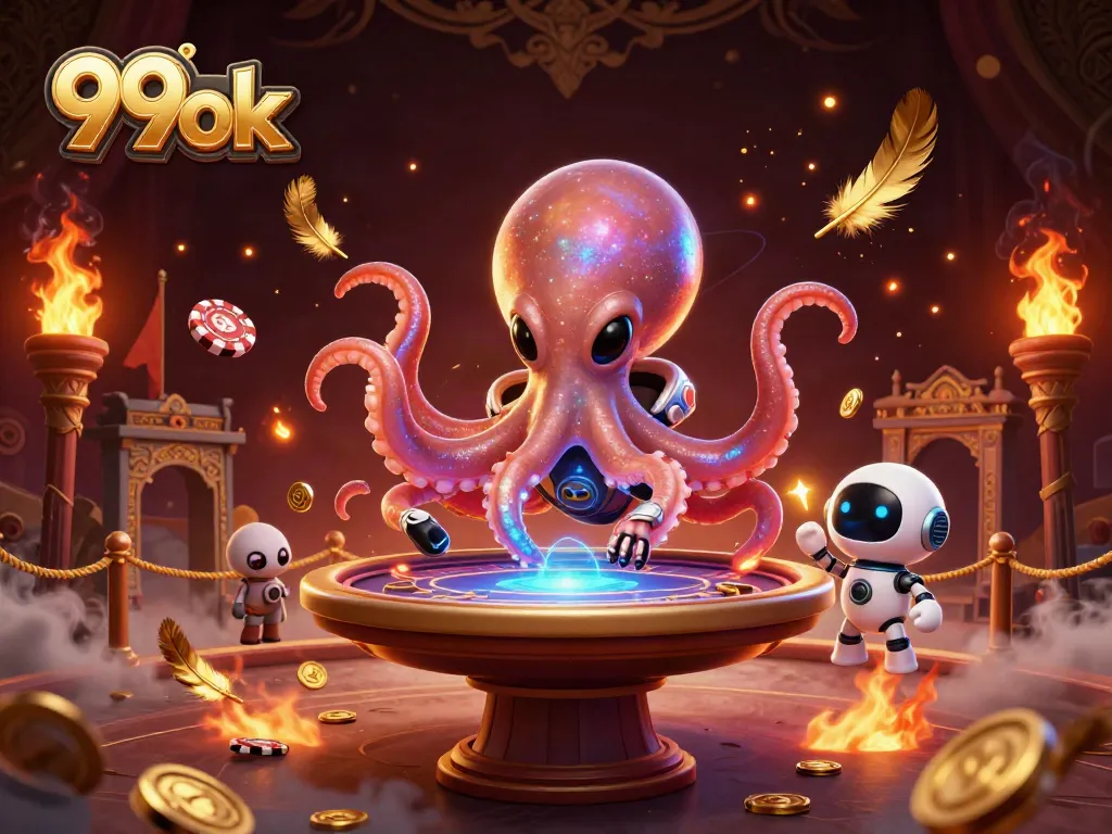 Engaging 99ok playful alien octopus operating a poker table surrounded by vibrant casino elements.