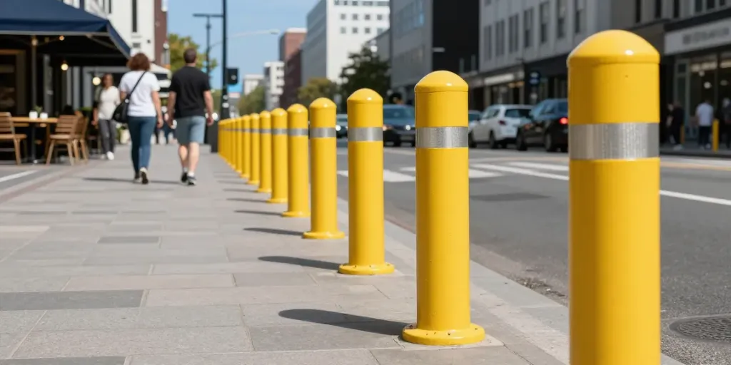 Safety bollards providing pedestrian safety in an urban setting with vibrant surroundings.