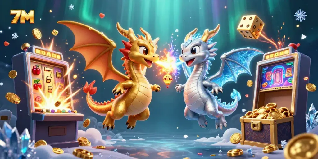Experience vibrant action with 7M's dual dragon display amongst casino treasures and joy.