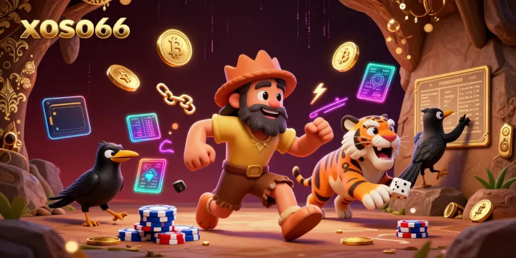 Engage in thrilling action with xoso66 as you explore a vibrant prehistoric casino scene filled with crypto elements.