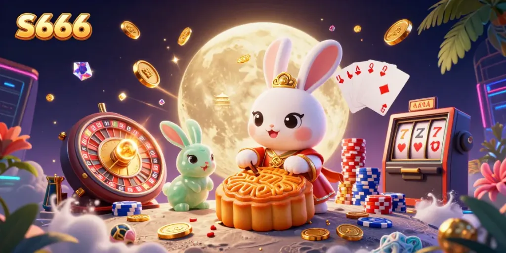 S666 online casino image featuring a magical scene of a moon rabbit cracking golden mooncakes full of poker chips.