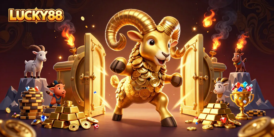 LUCKY88 brings excitement with a golden ram charging through a treasure-filled casino scene.