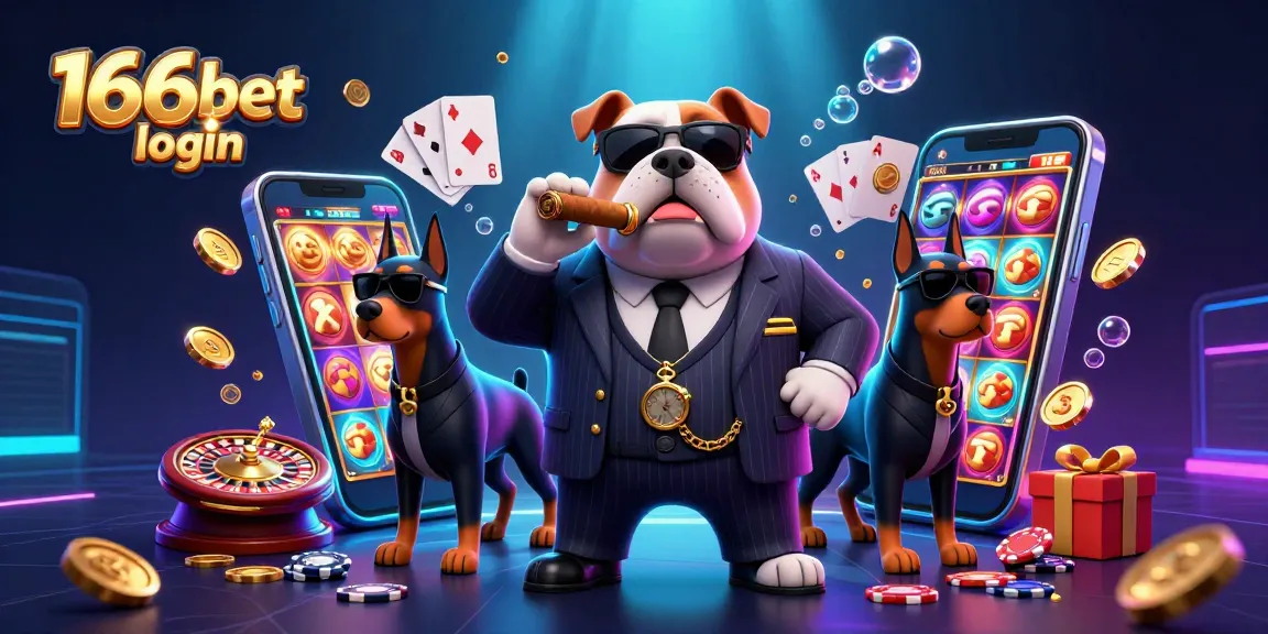 The lively scene showcases a 3D mafia boss bulldog and Doberman bodyguards celebrating fun and excitement at the 166bet login casino.