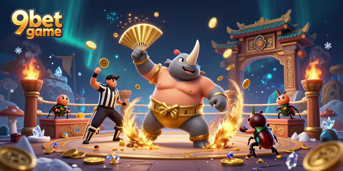 Engage in the thrilling 9bet game featuring a sumo beetle champion amid a vibrant casino arena.