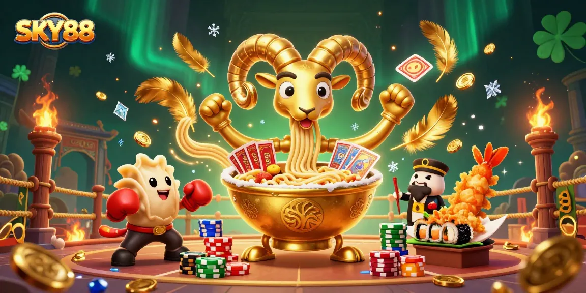 Engage with SKY88's vibrant 3D illustration featuring a giant ramen bowl character amid dazzling casino elements.