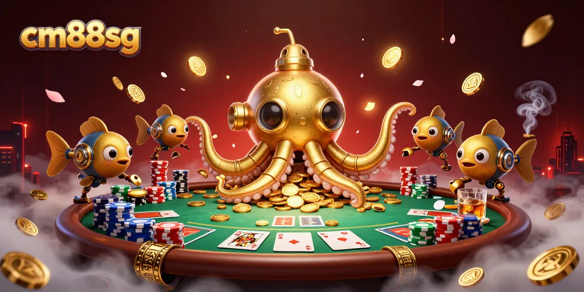 Engage with cm88sg's vibrant casino scene showcasing a golden kraken amid poker excitement.