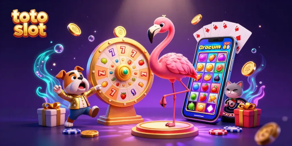 Capture the excitement at toto slot with a flamingo game show host, bulldog contestant, and scoreboard cat amidst vibrant slot symbols and prize elements.
