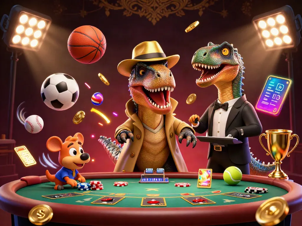 Experience thrilling action with Sunwin, where a cunning velociraptor counter attempts to outsmart a stegosaurus pit boss at a casino table.