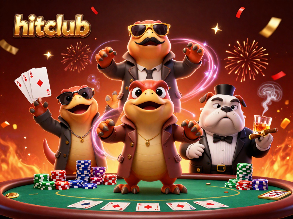 Experience the thrill at hitclub with raptors in a trench coat attempting VIP entry, surrounded by poker excitement.