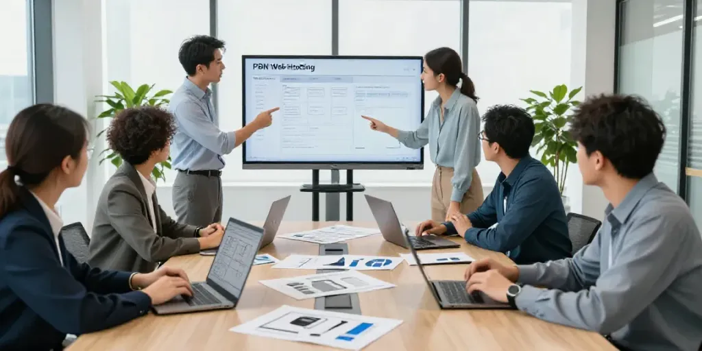 UK PBN hosting team discussing strategies in a modern office.