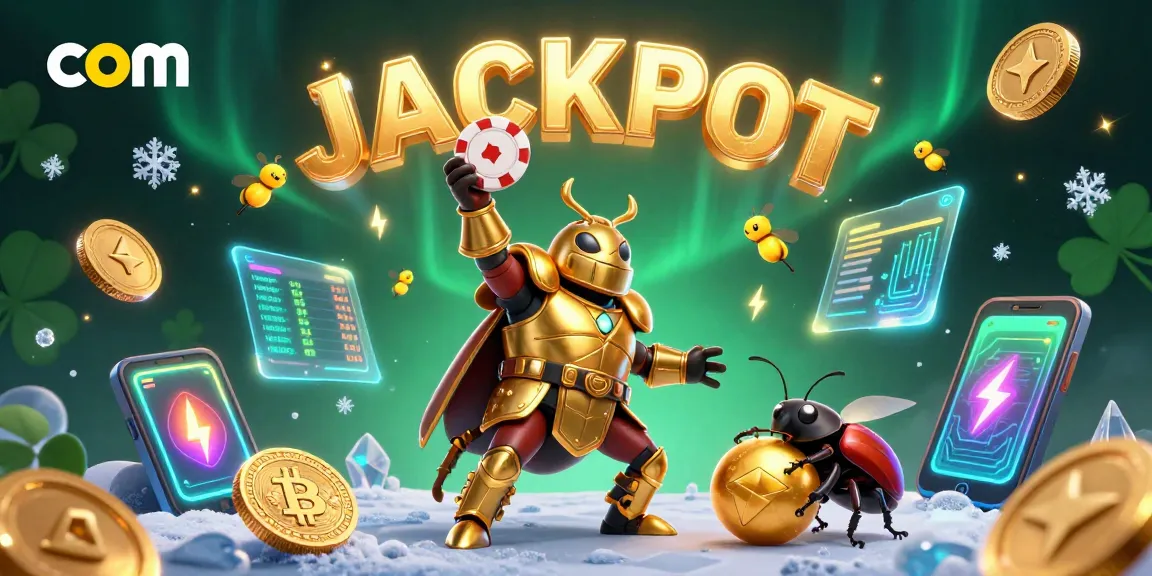 Celebrate a winning moment at com with a cartoon beetle lifting a poker chip amidst glowing crypto coins.