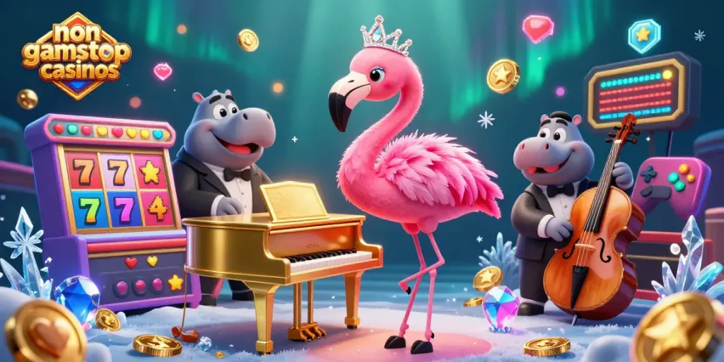 Experience vibrant gaming at non gamstop casinos with a lively flamingo singer and jazz hippo bass player.