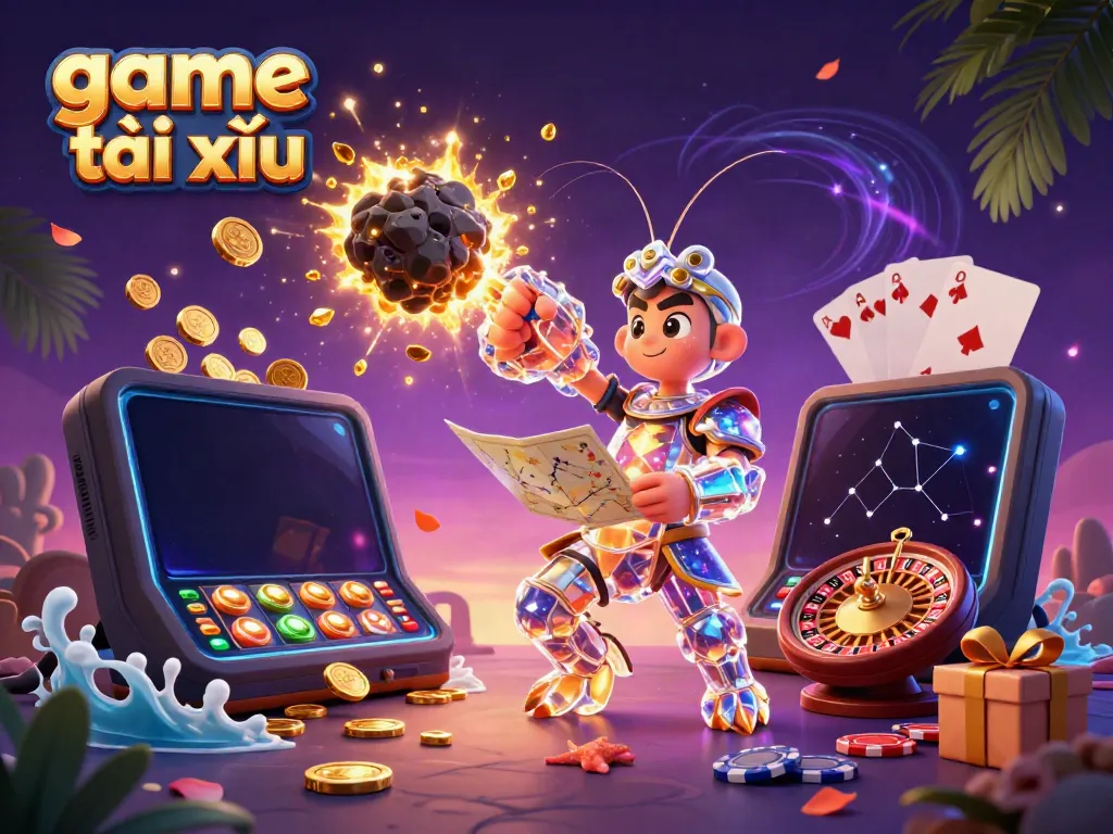 Experience the excitement of game tài xỉu with a dynamic scene of galactic samurai and colorful slot gameplay.
