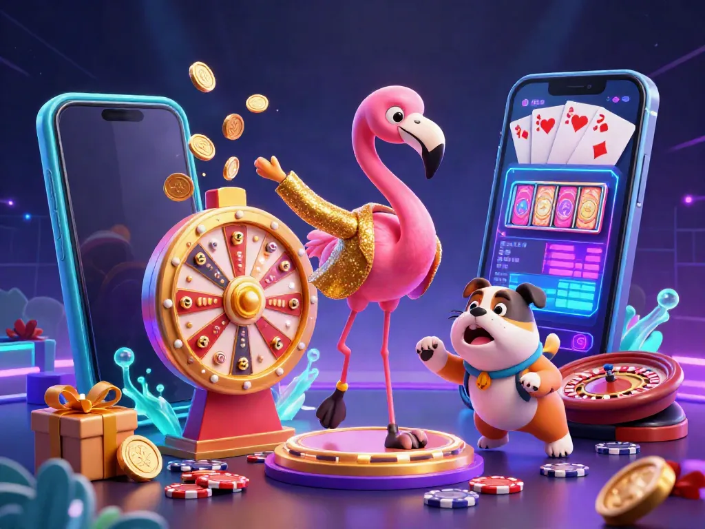 Engage with the exciting world of trang chủ 123B as a flamingo host spins a golden prize wheel in a vibrant casino.