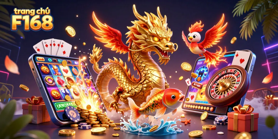 Experience the thrilling gameplay at trang chủ F168 with a vibrant 3D scene showcasing a dragon, phoenix, and koi fish.