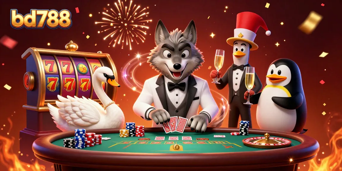 Catch the excitement of bd788 in this vibrant casino scene with a wolf, swan, and penguin among lively slot machines.