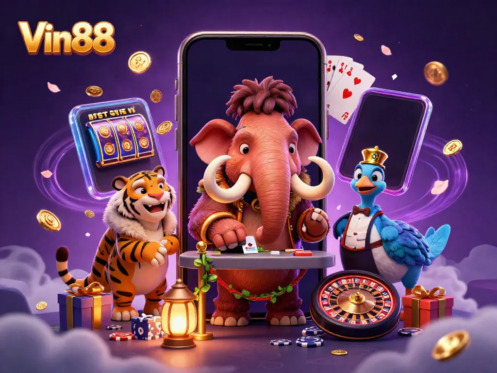 Experience thrilling games at Vin88 with a lively casino scene featuring vibrant characters and interactive elements.