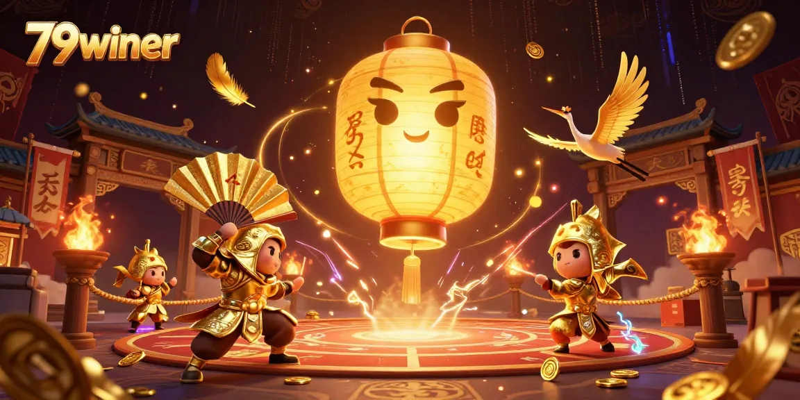 Engaging 79winer casino illustration with lantern spirit and golden companions surrounded by vibrant gaming elements.