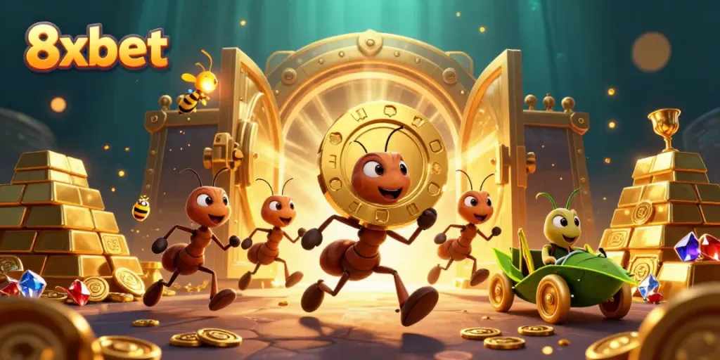 8xbet ants carrying a giant poker chip as they escape with treasure in a vibrant casino-themed scene.