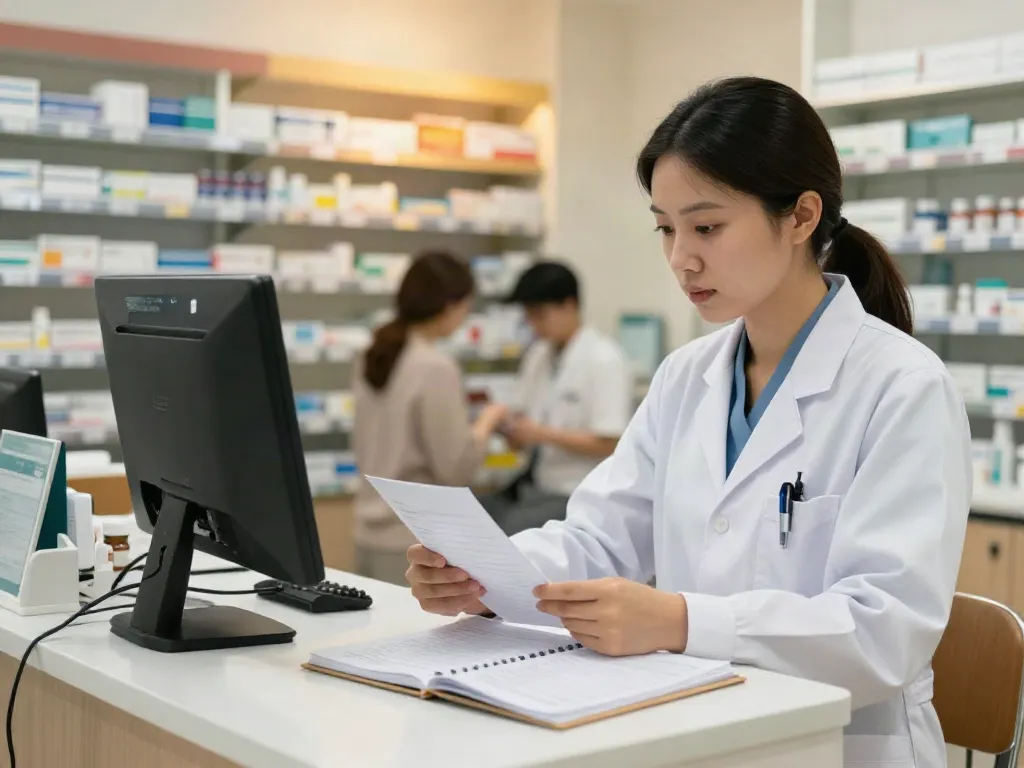 Travelling to UAE with prescription medicine, pharmacist assisting a customer in a modern pharmacy.