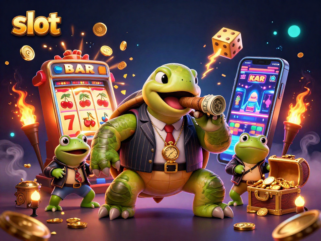Experience thrilling slot action with a mobster turtle and bullfrog enforcers in this vibrant casino scene.