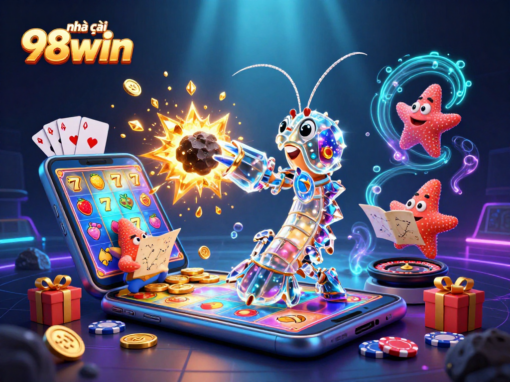 Experience the thrill with nhà cái 98win as animated characters emerge amidst a dynamic casino scene.