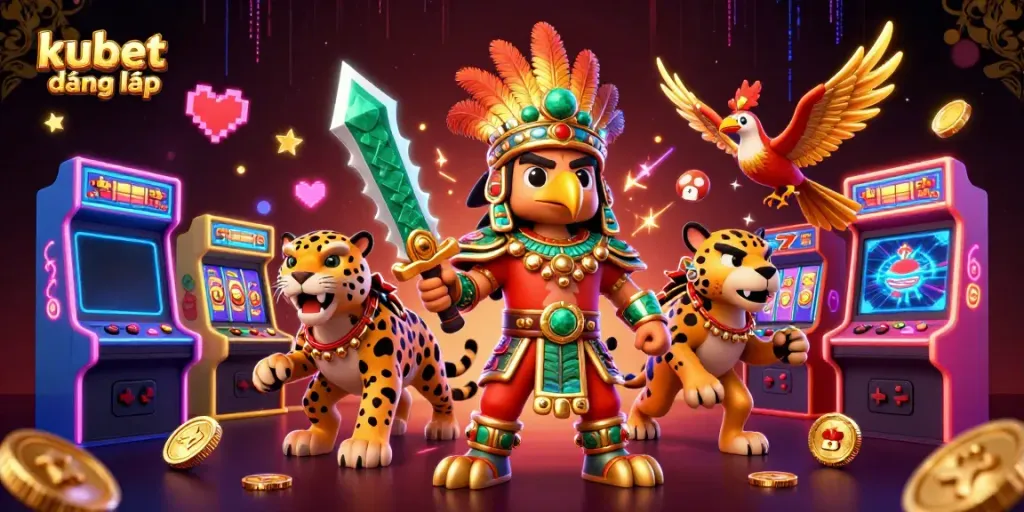 Engage with kubet đăng nhập as the Aztec warrior and jaguar explore a vibrant casino world filled with arcade games and slots.