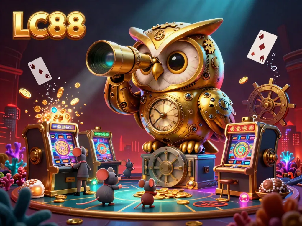 LC88 promotes thrilling gameplay alongside a golden owl surveying a fantasy casino scene filled with treasures.